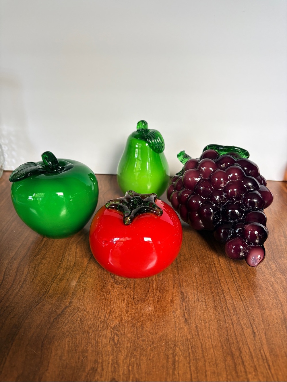 Vintage Glass Fruit Set of 4 - Red Tomato, Green Apple & Pear, Purple Grapes